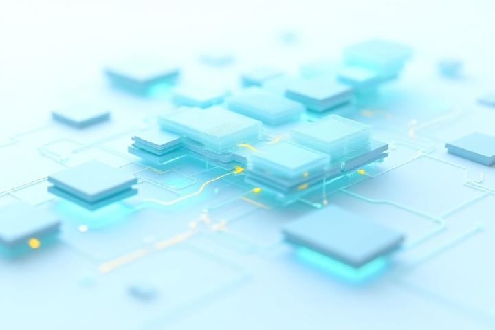 Een complex netwerk van koppelingen tussen verschillende digitale systemen symboliseert API-integraties, weergegeven in een moderne, schone stijl.