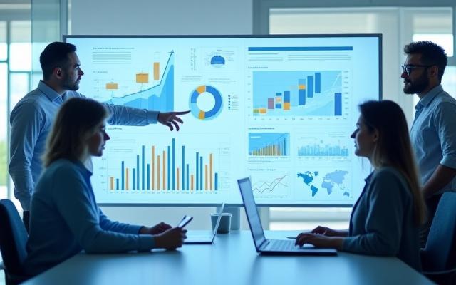 Team analyseert complexe datavisualisaties op een dashboard, gericht op groei en optimalisatie voor een scale-up.