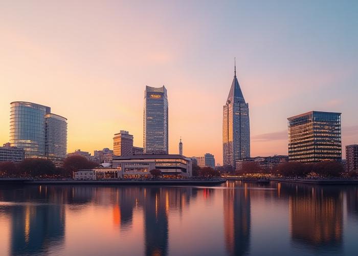 Moderne skyline van Den Haag bij zonsondergang, met iconische gebouwen zoals het Binnenhof en de moderne architectuur, om de lokale verankering te symboliseren.