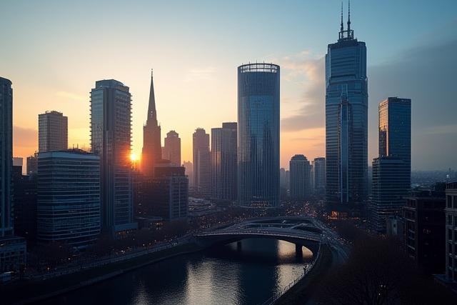 Moderne skyline van Den Haag bij zonsondergang, met de Grote Kerk prominent aanwezig en kantoorgebouwen die de technologische hub symboliseren.